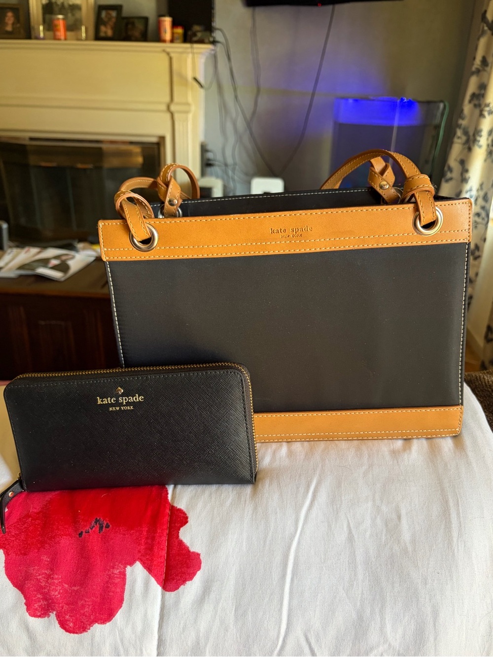 kate spade Black and Tan Leather Trimmed Handbag with Matching Wallet